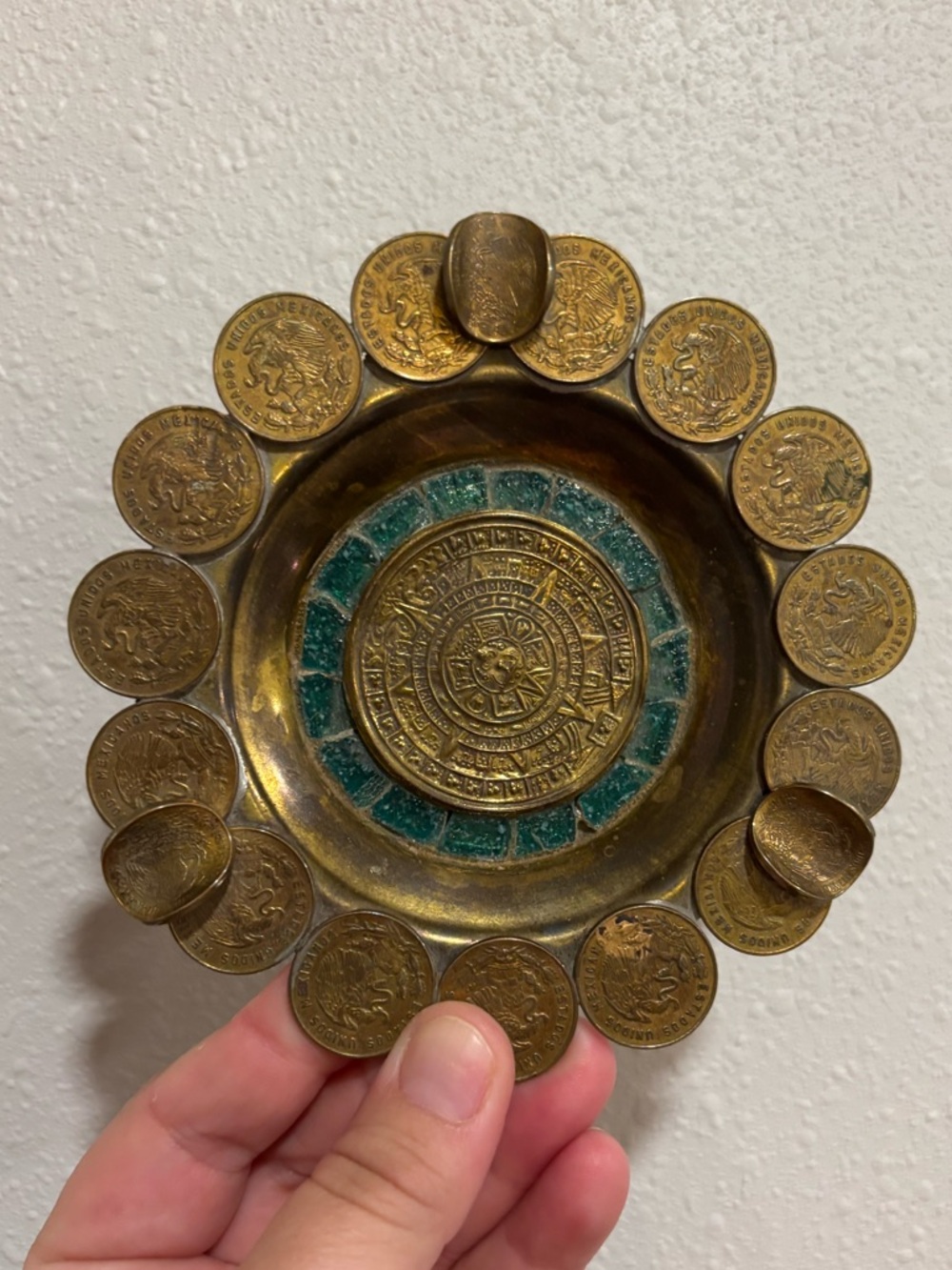 Vintage Mexican Coin Ashtray Aztec Calendar Brass Trinket Dish Mid Century Decor